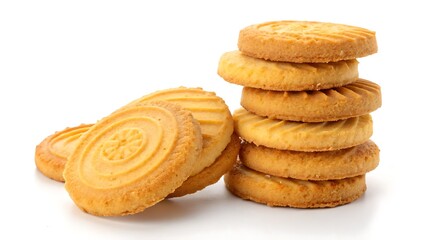 Golden butter cookies stacked neatly and isolated on white for bakery, packaging, and dessert concepts.