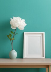 Minimalist White Photo Frame Mockup with Blank Canvas, Pastel Pink Flower Accent and Soft Natural Light on Green Background
