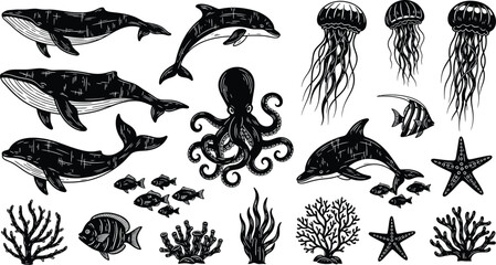 Obraz premium Charming Monochrome Collection of Ocean Animals: Whales, Dolphins, Octopuses, Jellyfish, Fish, Starfish, and Corals in Sketch Style