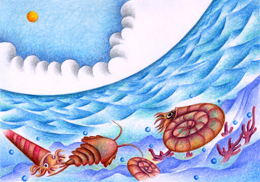 SFファンタジーイラスト・色鉛筆画 - 海洋・アンモナイ・ト三葉虫