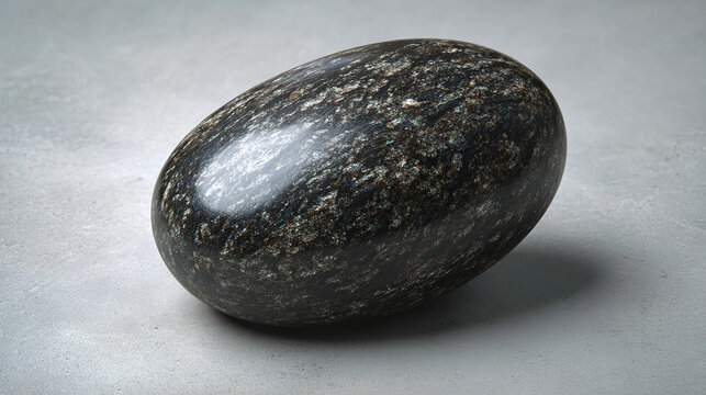 A dark, polished stone, smooth and egg-shaped, sits against a neutral backdrop. The stone's surface reflects light, revealing subtle patterns and textures