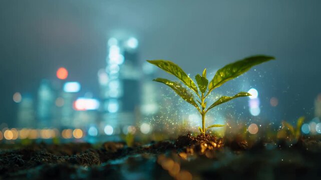 Sustainability shift through cloud technologies concept. Young green plant growing in soil with bokeh city lights background symbolizing urban growth and sustainability