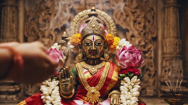 Deity Idol in Traditional Hindu Worship with Floral Garlands and Sacred Rituals for Akshaya Tritiya and Parashurama Jayanti Celebrations