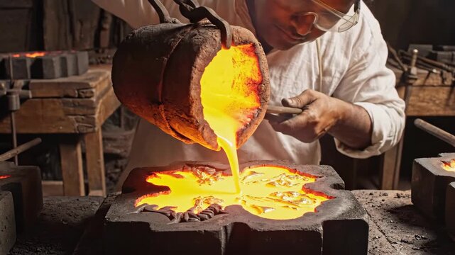 Blacksmith Pouring Molten into a Mold in Traditional Workshop with Focus on Craftsmanship