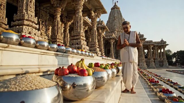 Devotee Praying During Akshaya Tritiya Ceremony at Ancient Hindu Temple with Offerings of Fruits and Ritual Items