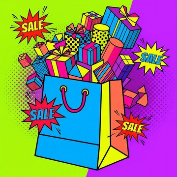  shopping bag overflowing with geometric packages and "sale" bursts. Typography: "Treat Yourself!"