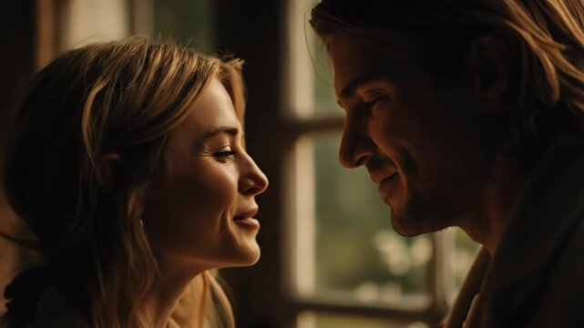 Intimate romantic moment between loving couple. Two partners lean close by a window, sharing smiles, eye contact, tenderness, warmth, and emotional connection in soft evening light.