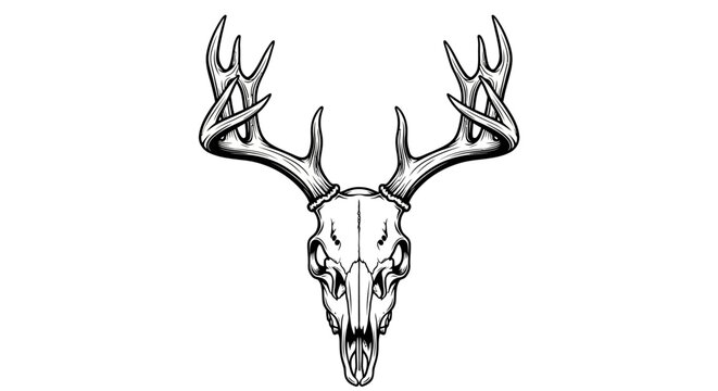 Detailed Black and White Illustration of a Deer Skull with Antlers, Vector Art