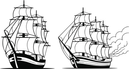 Two stylized sailing ships, one calm and one firing a cannon © Icon Stock