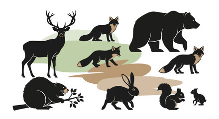Collection of Silhouettes of Forest Animals, Wildlife Icons in Black