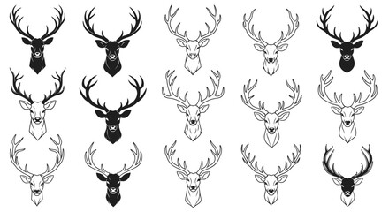 Collection of Majestic Deer Heads with Elaborate Antlers, Black and White Illustrations