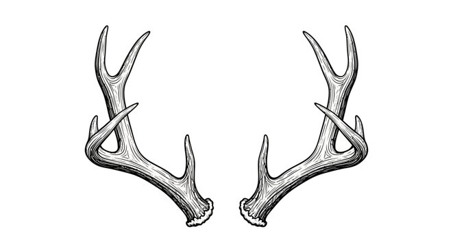 Realistic Drawing of Deer Antlers in Black and White, Isolated on White Background