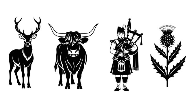 Iconic Scottish Symbols: Stag, Highland Cow, Piper, and Thistle Silhouette Collection