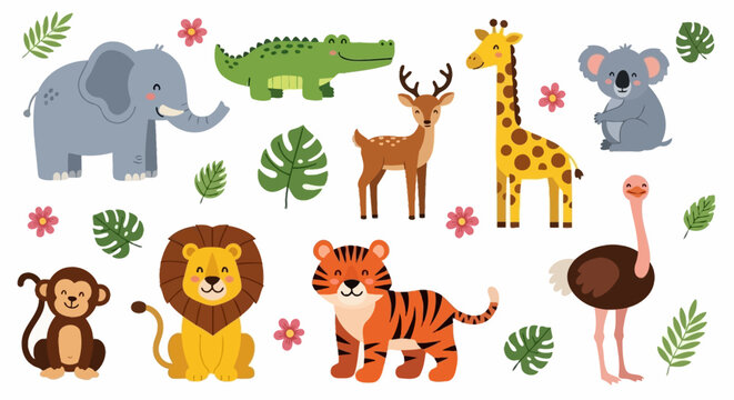 Cute Cartoon Jungle Animals Collection: Elephant, Lion, Tiger, Monkey, Giraffe, Koala