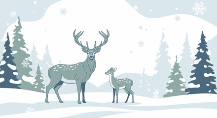 Winter Landscape with Deer Family and Snowy Pine Trees