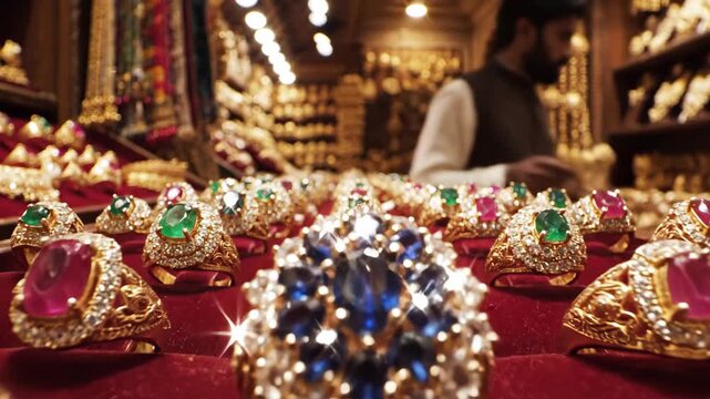 Elegant Collection of Gold Jewelry with Colored Gemstones Displayed in a Traditional Indian Market Setting for Religious Festival
