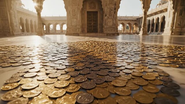 Historic Indian temple courtyard illuminated by sunlight during Akshaya Tritiya festival celebration with coins and traditional architecture