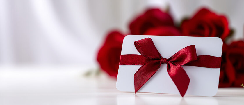 Minimalist white gift card with dark red ribbon and bow against blurred rose background