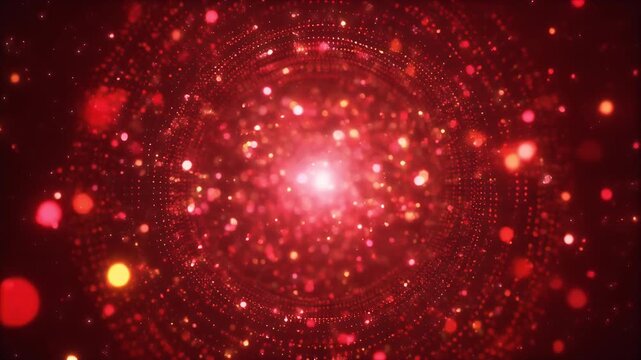 Radiant red particle explosion forms a glowing energy core, symbolizing power, data, and cosmic motion for science and technology visuals.