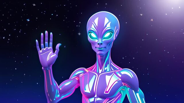 A stylized alien waves against a starry space background