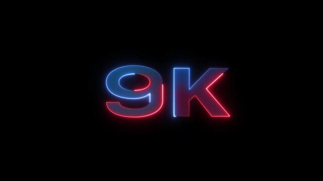 Neon number 9k text outline animation on black background.