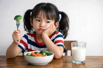 Little girl pouting and refusing to eat healthy vegetables during mealtime