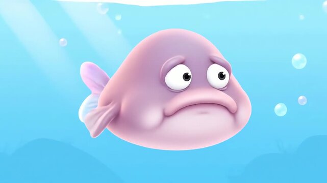 Sad cartoon fish swims slowly through clear blue water with bubbles, looking dejected and lonely in the ocean depths.
