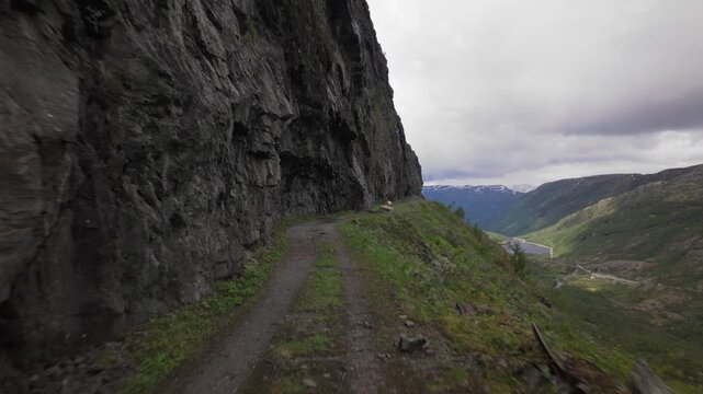 Steep Gravel Road Of Tusenmeteren In Ovre &Aring;rdal, Norway. Aerial Shot