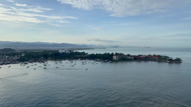 Aerial footage of Tanjung Aru area in Kota Kinabalu, Sabah, Malaysia