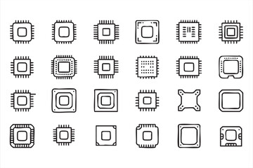 Computer Chip and Semiconductor Icons Set in Minimal Line Vector Style