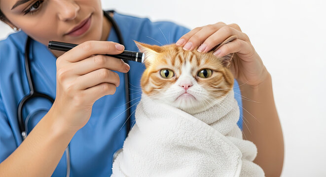 Vet examining ginger cat's ear while wrapping in towel  