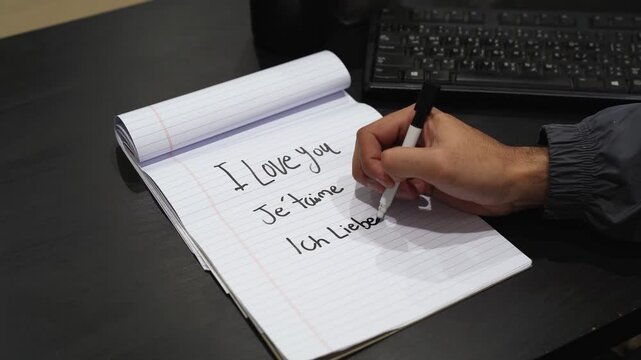 Close-up of a hand writing &ldquo;I love you&rdquo; in multiple languages in a lined notebook on an office desk near a keyboard, adding a heart with marker under soft indoor light.