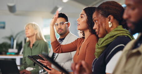 Woman, raised hand and team at startup for meeting with tablet, question or solution at office....