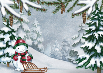 Christmas card with a winter coniferous forest, a snowman, and a sled. Hand-drawn watercolor illustration. For Christmas and New Year greeting cards, posters, and more.