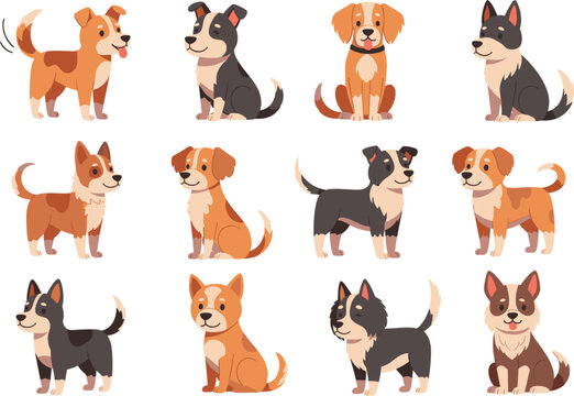 Cute cartoon dogs collection showing playful puppies in different poses flat vector illustration set