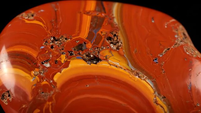 Polished jasper stone showing vibrant red and yellow bands on a black surface, revealing intricate patterns and natural beauty in a closeup shot.
