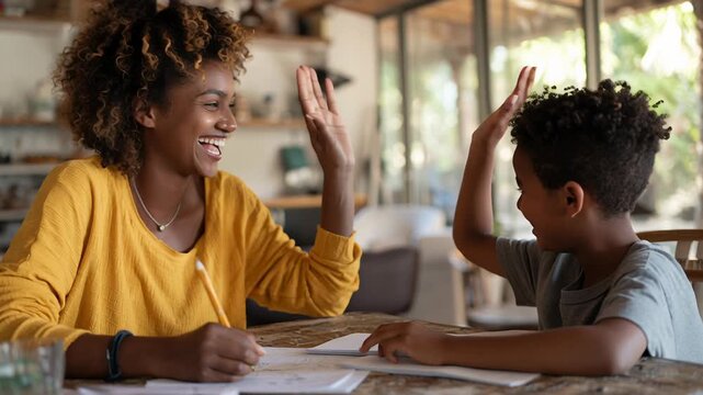 A woman and a child are high five each other. The woman is smiling. Caregiver celebrating a child&rsquo;s completed school task with positive body language, emotional connection, realistic lifestyle 