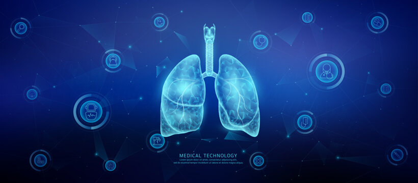 Translucent polygon lung organ connected medical technology network icons. Cyborg human collaboration. Health care technology digital. Banner vector.