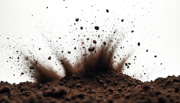Dark brown soil pile explodes upward, scattering dirt particles and small rocks against a clean white background. Dynamic motion captures earth breaking apart, showing raw natural force.