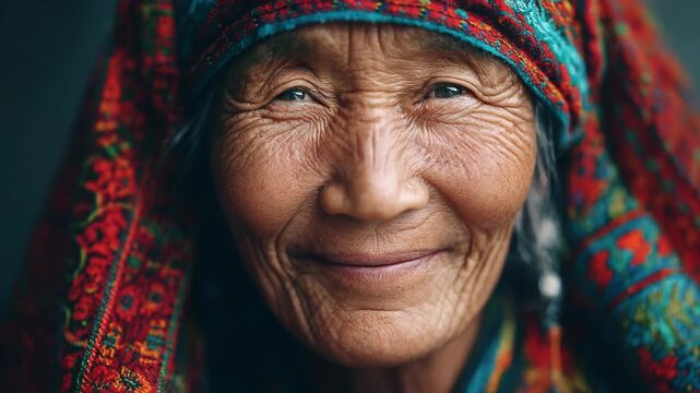 Timelapse of life from girl to elderly woman concept. Close up portrait of smiling elderly woman wearing vibrant traditional colorful headscarf with intricate patterns