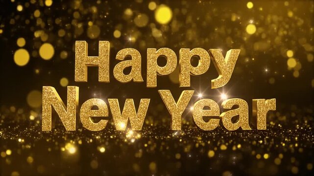 Golden Happy New Year text surrounded by sparkling lights against a dark, starry background