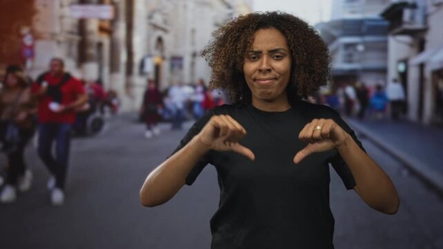 Woman showing thumbs down with hands visible on a crowded city street while smirking slightly; disapproval dissent.