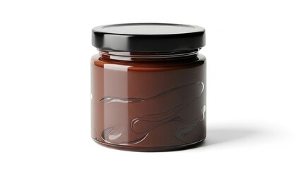 Glass jar of chocolate spread with glossy swirls on white background