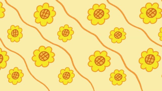 Hand drawn happy yellow sunflowers with green leaves pattern on soft yellow background for summer season and floral decoration