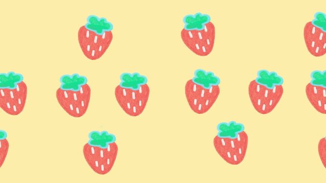 Hand drawn sweet red strawberries with green leaves pattern on light yellow background for summer fruit theme