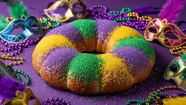 Traditional King Cake with Mardi Gras beads and masks on purple background