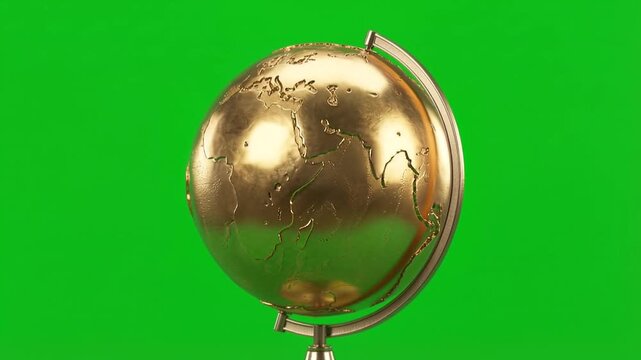 Luxury gold terrestrial globe isolated on chroma key background