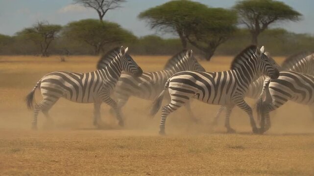 Zebras running in savannah with trees in background