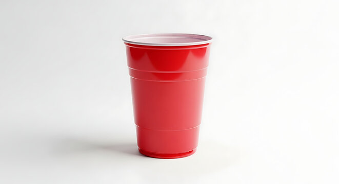 Red plastic party cup disposable drinkware for events and celebrations isolated on white backg
