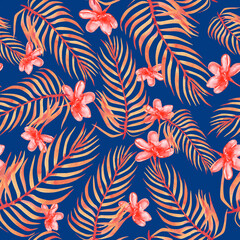 Summer Hawaiian flowers and palm leaves tropical watercolor seamless pattern on blue background © AineGing